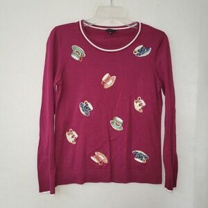 Talbots Sweater Womens S Wine‎ Embroidered Teacup Long Sleeve Novelty Mad Hatter